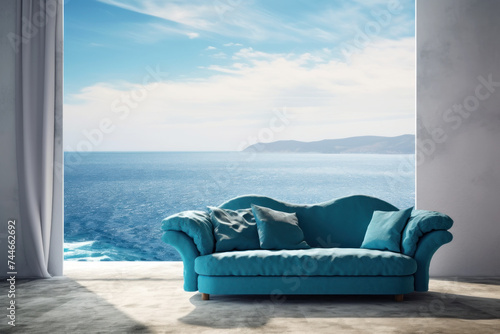Embrace tranquility with this stunning image featuring a luxurious velvet sofa against an idyllic ocean backdrop, perfectly blending indoor comfort with nature's majesty. © DP