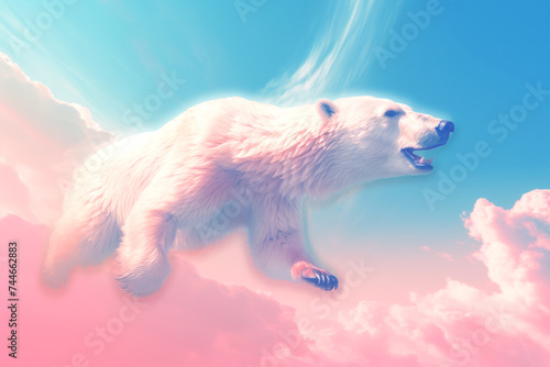 majestic polar bear seemingly floating amidst dreamy cotton-candy clouds