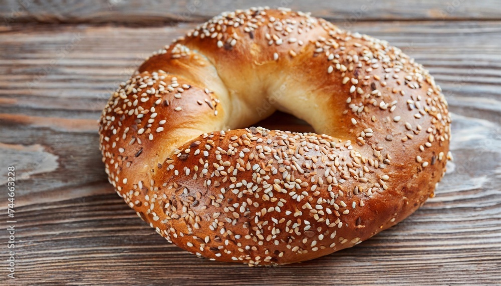 Bagel with sesame seeds on a wooden table. Bagel with sesame seeds on a wooden table.