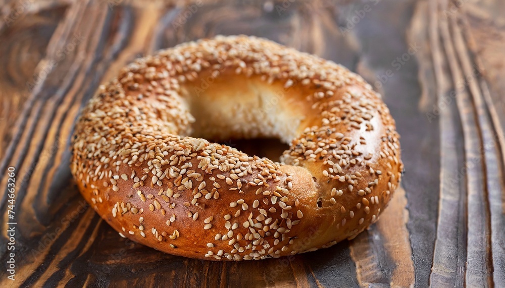 Bagel with sesame seeds on a wooden table.