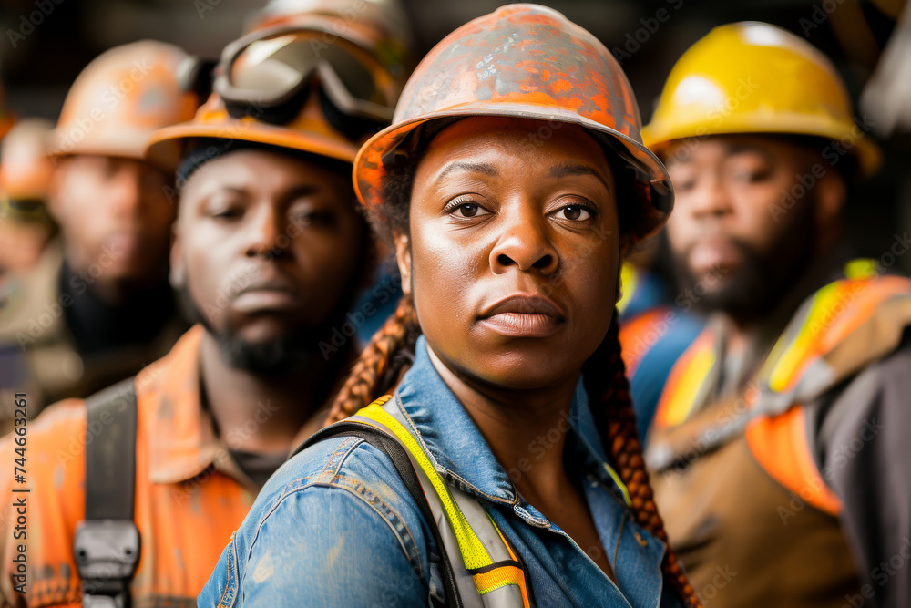 Confident female construction worker with team in hard hats behind her at a job site, representing diversity and teamwork. Confident female construction worker with team in hard hats behind her at a job site, representing diversity and teamwork.