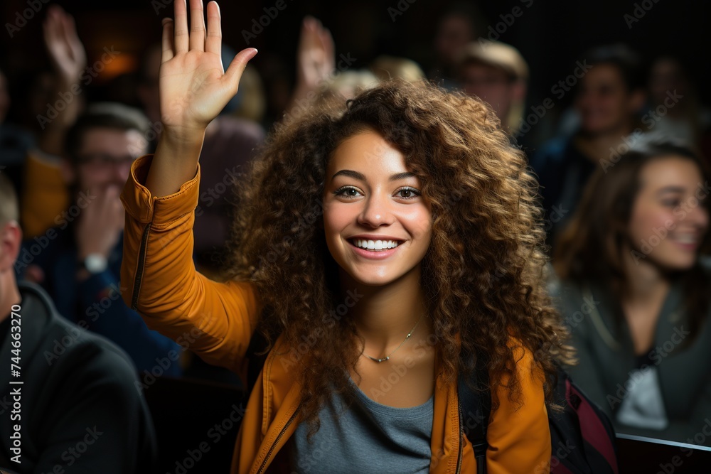 A cheerful young woman with curly hair raising her hand to participate during a lecture in a classroom setting, showcasing active engagement and a positive attitude