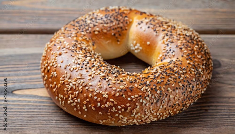 Bagel with sesame seeds on a wooden table. Bagel with sesame seeds on a wooden table.