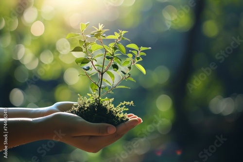 Manos sujetando cuidadosamente una planta joven