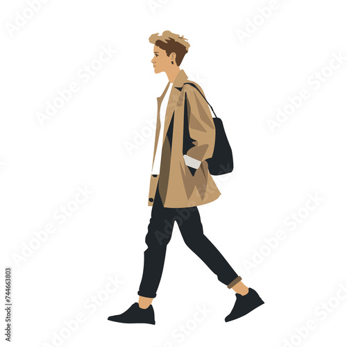 Stylish Woman Walking with Bag, Transparent Background, Loose and Fluid Style