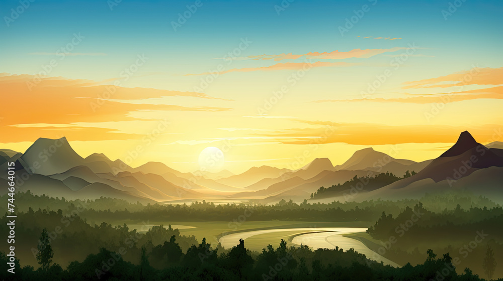 Sunrise Over Green Forest Mountains Peak Landscape Background with Mountains and River