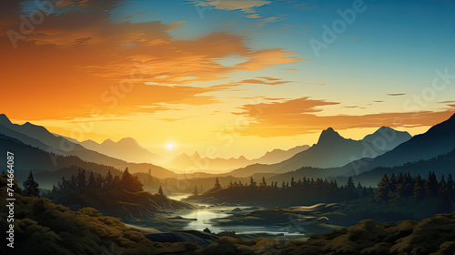 Sunrise Over Green Forest Mountains Peak Landscape Background with Mountains and River
