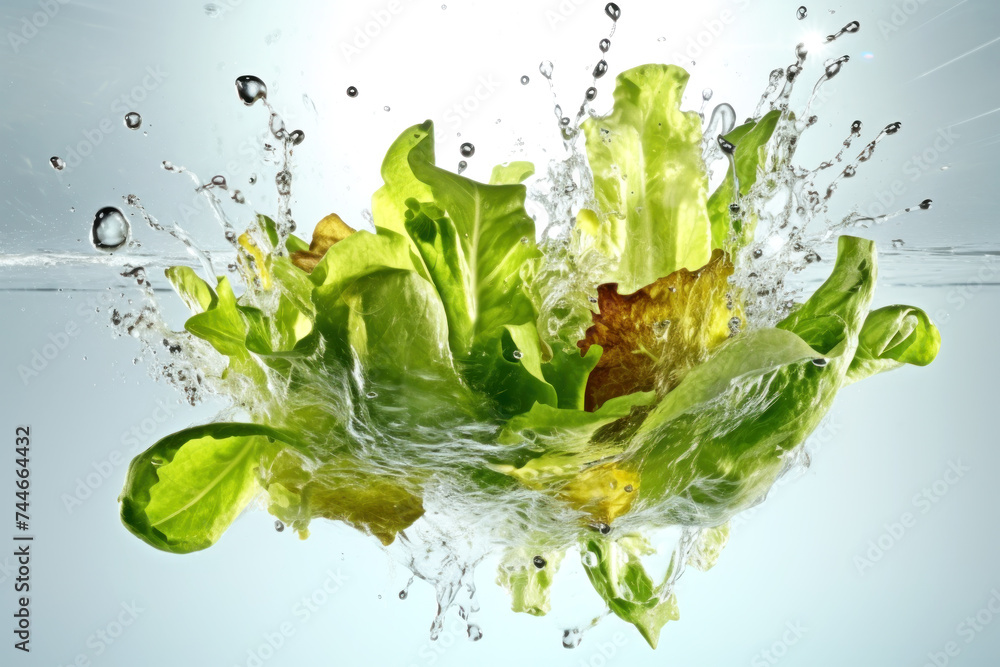 dynamic splash of lettuce immersed in water. dynamic splash of lettuce immersed in water.