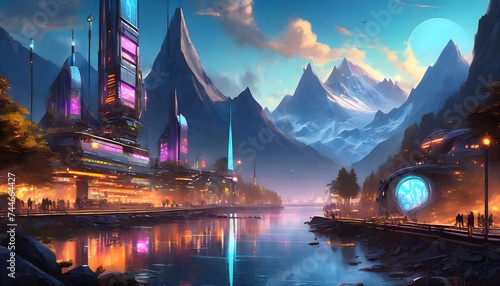 Panorama of futuristic, sci-fi city with neon lights, on the shores of a lake, surrounded by snow-capped peaks of Alpine mountains. City lights. Sunset cloudy sky. Banner header image.