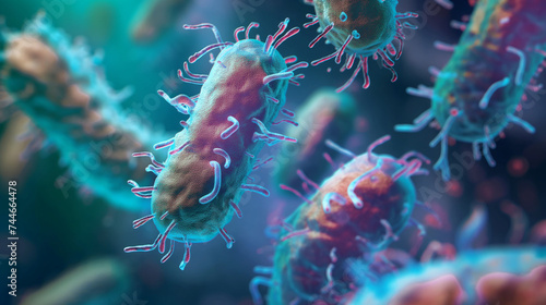 Bacterias abstract 3d graphics. Abstract organic cells, Escherichia coli, Pseudomonas aeruginosa or Mycobacterium tuberculosis under microscope. Medicine and science concept. Microbiology, laboratory