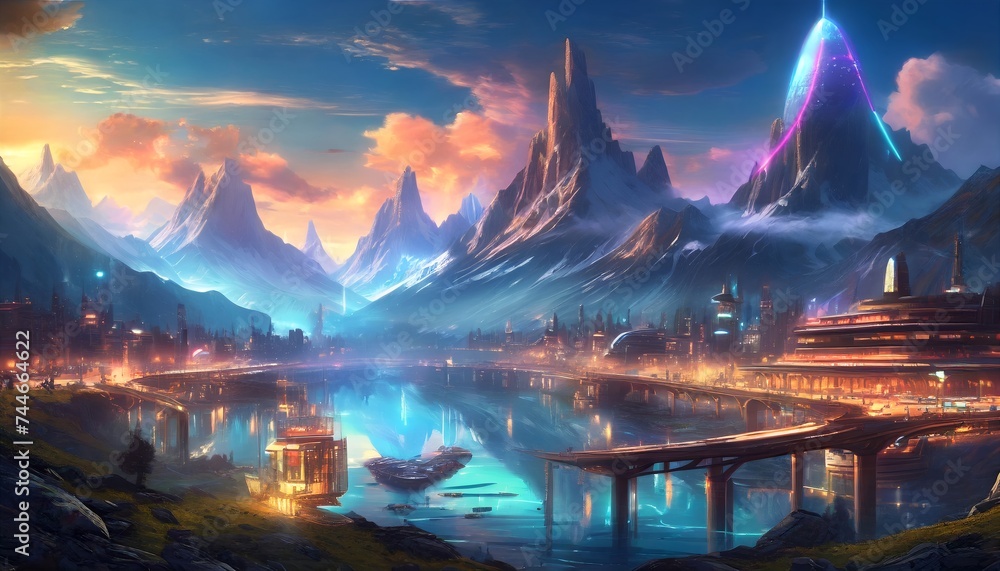 Panorama of futuristic, sci-fi city with neon lights, on the shores of a lake, surrounded by snow-capped peaks of Alpine mountains. City lights. Sunset cloudy sky. Banner header image. - obrazy, fototapety, plakaty 