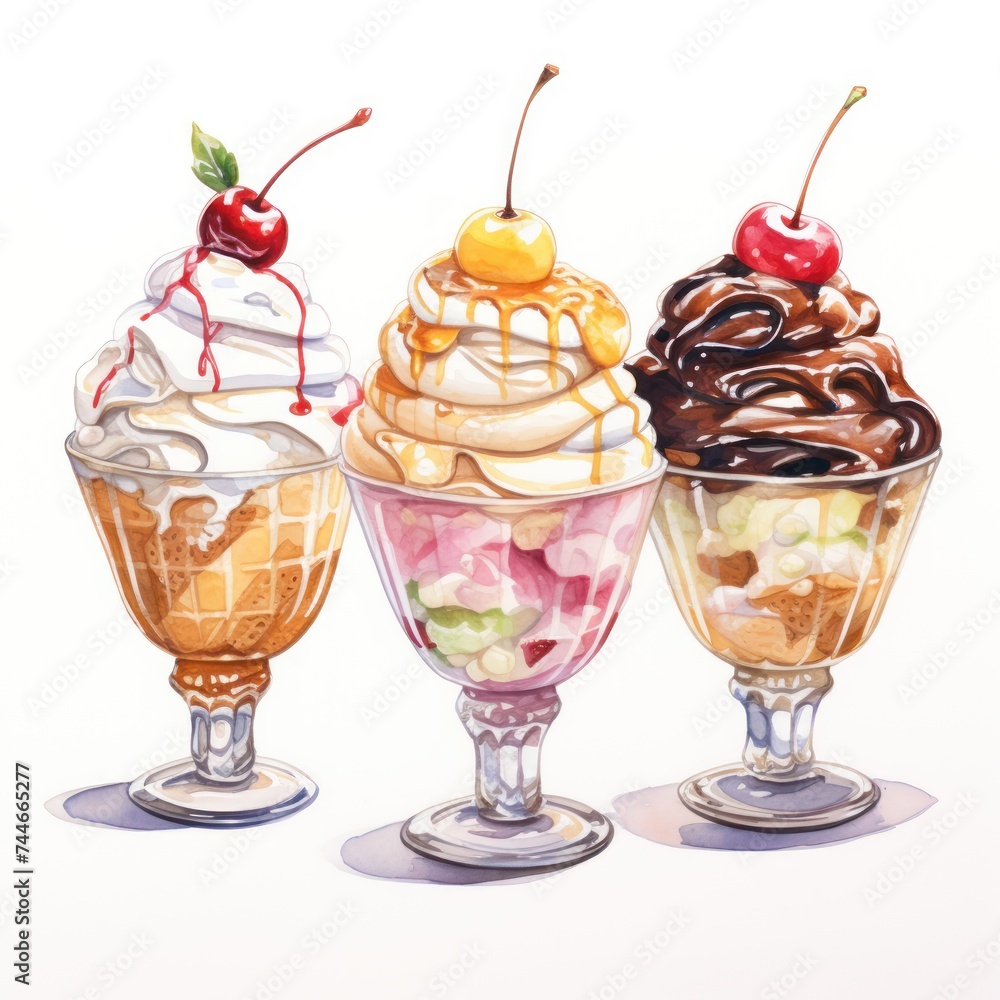 Watercolor Ice Cream Sundaes on White Background Clean Line Art Watercolor Ice Cream Sundaes on White Background Clean Line Art