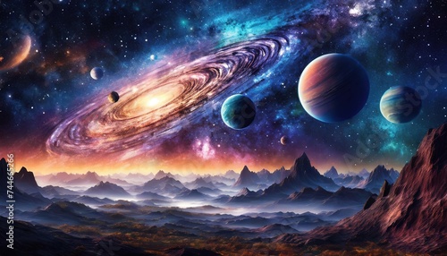 Fototapeta Naklejka Na Ścianę i Meble -  Galaxy of space with planets and milky way; beauty landscape; 3d illustration