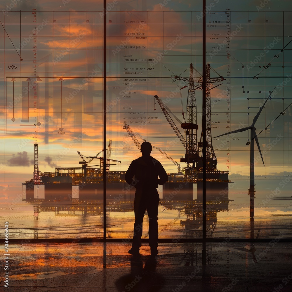 Fototapeta premium The silhouette of an engineer against the background of a production facility.