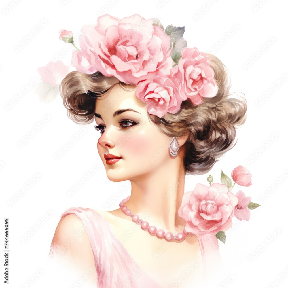 Vintage Pink Floral Lady Watercolor Clipart Adorned with Grace