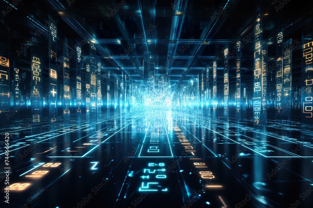 A rendering of a technology data binary code network background. A rendering of a technology data binary code network background.
