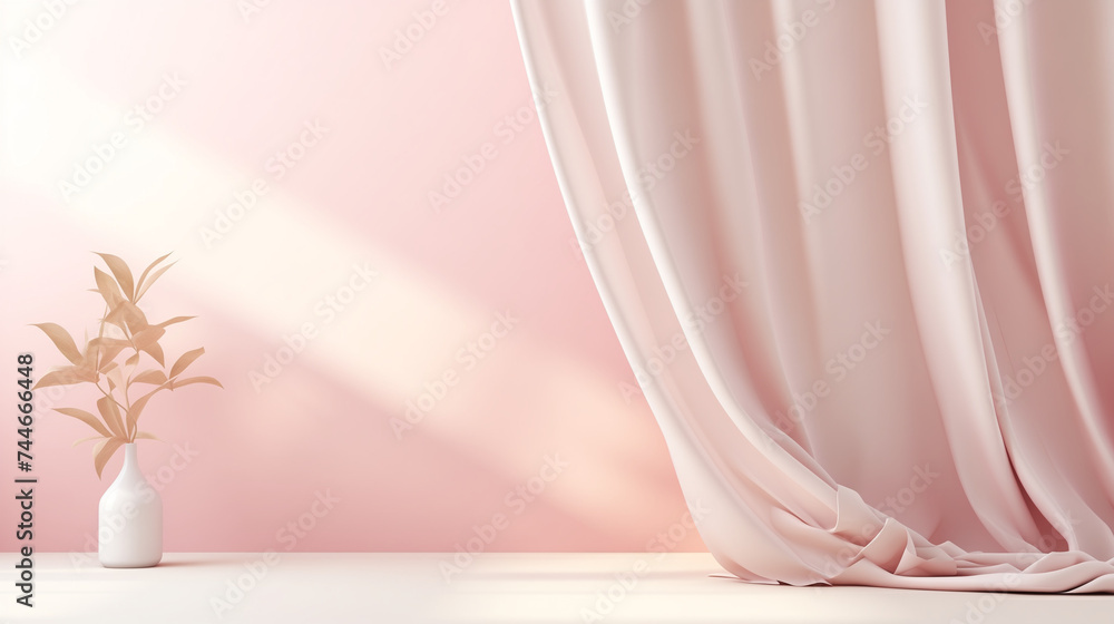 Light pink studio room. Plain background, template for beauty, cosmetic product presentation. Copy space, Elegant silk cloth, flowers. Minimalism, Backdrop with empty space. Fabric Textile Drape