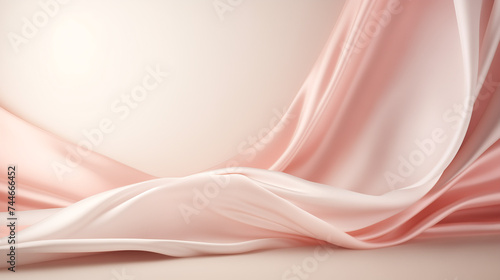 Light pink studio room. Plain background, template for beauty, cosmetic product presentation. Copy space, Elegant silk cloth. Minimalism, Backdrop with empty space. Fabric Textile Drape