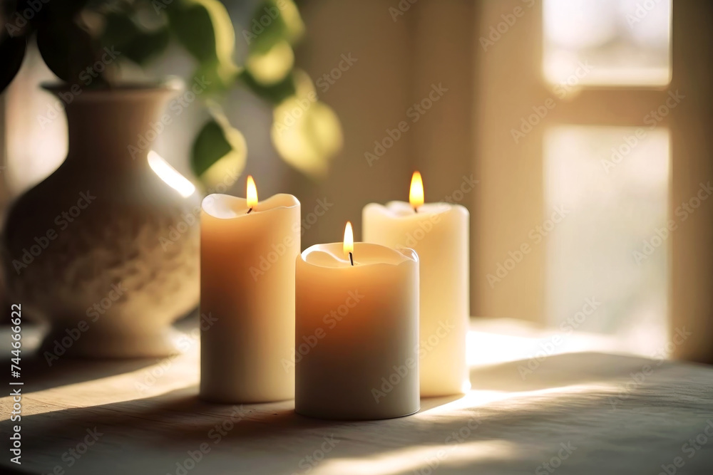 Tranquil ambiance with three candles lit in a serene setting, offering a peaceful vibe. Perfect to adorn relaxation and meditation spaces with warm light. Tranquil ambiance with three candles lit in a serene setting, offering a peaceful vibe. Perfect to adorn relaxation and meditation spaces with warm light.
