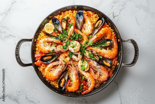 Delicious Seafood Paella in Pan, Traditional Spanish Cuisine Concept