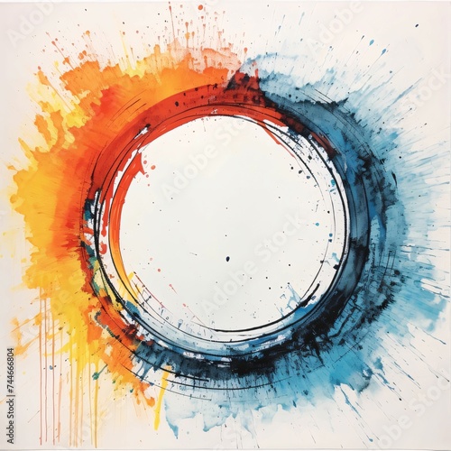 Round frame with a splash of orange and blue paint. In the middle a blank field with space for your own content.