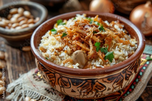 Traditional Egyptian Kushari Dish, Middle Eastern Cuisine Concept