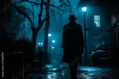 A solitary figure braves the eerie winter night, his silhouette illuminated by the faint glow of streetlights amidst the thick fog as he walks past parked cars, clad in warm outdoor clothing photo