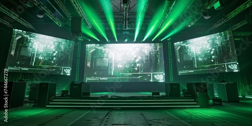 An empty concert stage with green lighting
