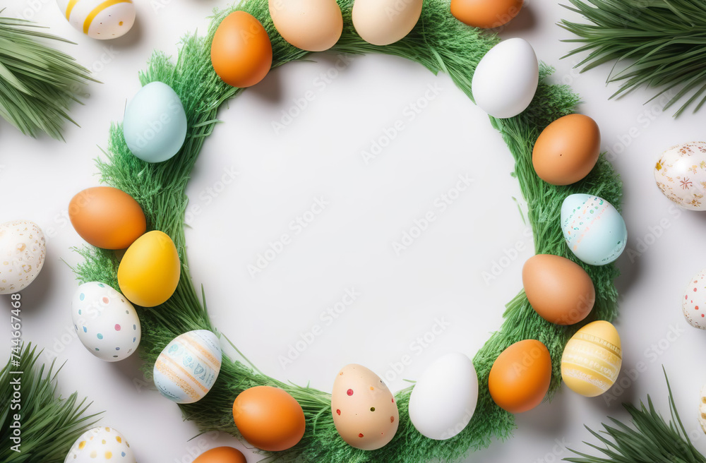 Happy Easter frame with Easter eggs. Round wreath copy space, flowers isolated on white. Festive decorations, template for tag, gift greeting card, advertising promo shopping banner, place for text Happy Easter frame with Easter eggs. Round wreath copy space, flowers isolated on white. Festive decorations, template for tag, gift greeting card, advertising promo shopping banner, place for text