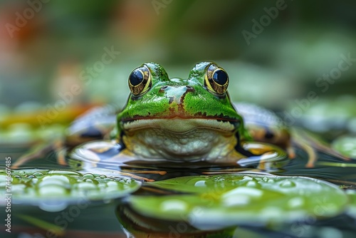 A verdant true frog perches upon lily pads, basking in the peacefulness of its outdoor oasis