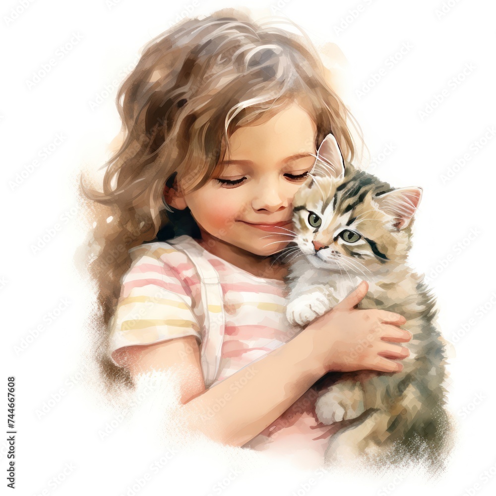 Watercolor Clipart Little Girl and Kitten Cat Heartwarming Moments of Childhood Watercolor Clipart Little Girl and Kitten Cat Heartwarming Moments of Childhood