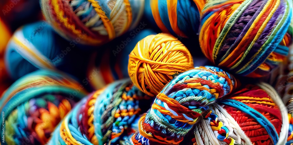 Knitting of yarn in a close-up view, displaying a colorful and patterned background, where each stitch merges into a captivating tapestry of hues Knitting of yarn in a close-up view, displaying a colorful and patterned background, where each stitch merges into a captivating tapestry of hues