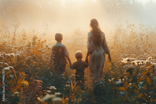 A mother leads her two young children through a misty autumn field, their colorful clothes blending with the vibrant flowers as they embrace the beauty of nature together photo