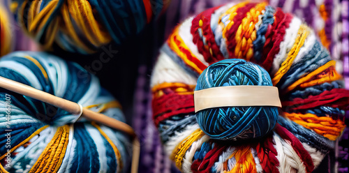 Knitting of yarn in a close-up view, displaying a colorful and patterned background, where each stitch merges into a captivating tapestry of hues