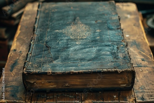 A weathered tome rests atop a rustic wooden table, its pages holding secrets of the past and promises of adventure