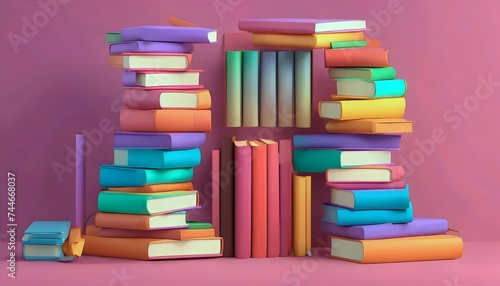 Colorful Stacks of Books on Pink Background