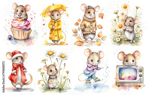 Cute little mouse watercolor illustration set. In different situations like: standing confident, eating cupcake, eating cheese, holding flowers, walkinh in the rain in yellow raincoat and umbrella, in
