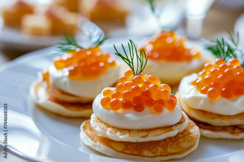 Elegant Blini Pancakes with Salmon Roe, Gourmet Appetizer Concept