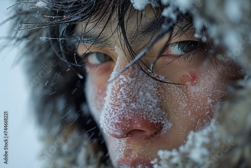 A chilly winter day has left its mark on this person's face, with snow clinging to their features as they brave the outdoor elements © familymedia