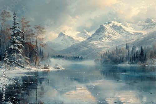 A winter wonderland awaits at a serene lake, surrounded by snow-covered trees and majestic mountains under a cloudy sky, with its reflection glimmering on the tranquil waters photo