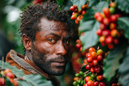 A rugged man savors the bittersweet taste of freshly picked berries from a vibrant plant as he gazes thoughtfully into the distance, the morning sun casting a warm glow on his human face photo