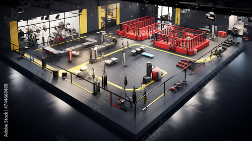 A gym layout for a sports-specific training facility, such as a boxing or MMA gym.