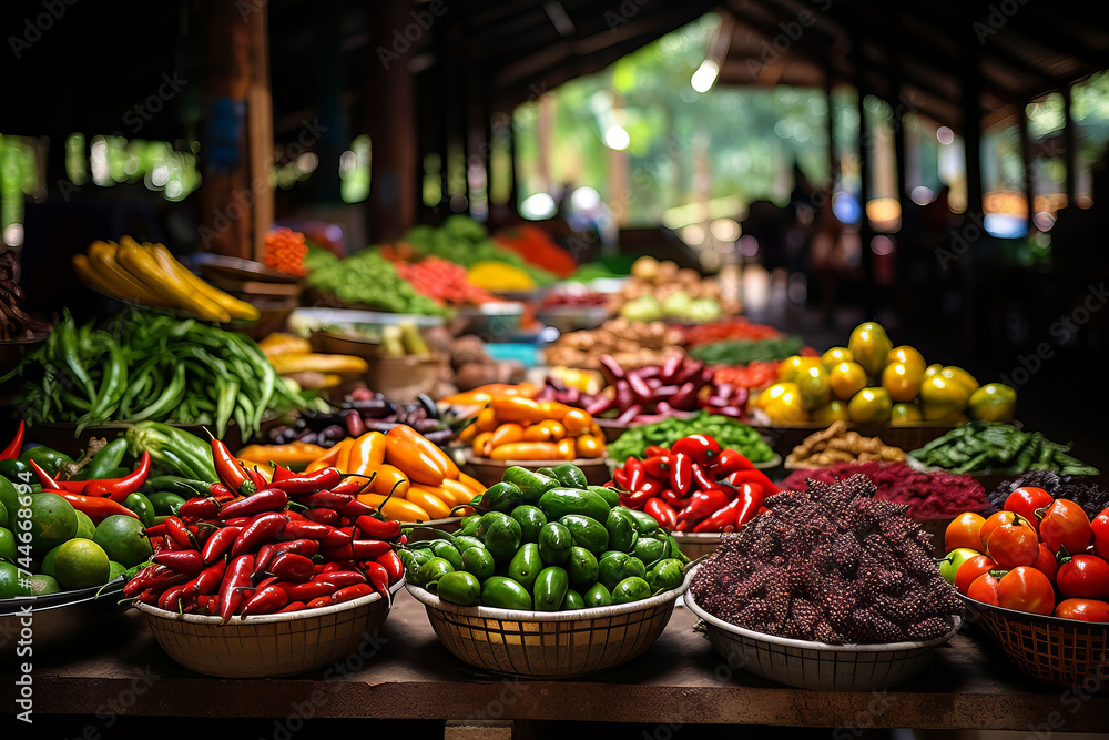 Exotic fruits and vegetable variety at market in Vietnam, healthy eating, expanding taste palate