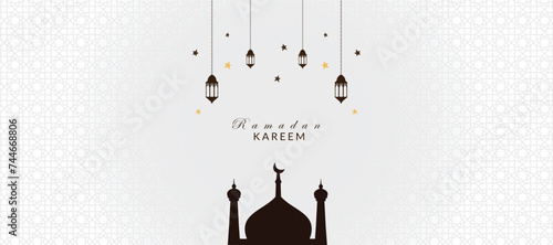 Flat Ramadan Kareem banner with lanterns