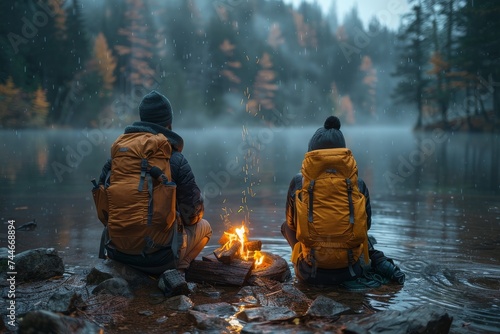 Two adventurers huddle by a crackling fire in the midst of a tranquil lake, their silhouettes dancing in the foggy winter air as they rest from their rugged hike through the serene wilderness