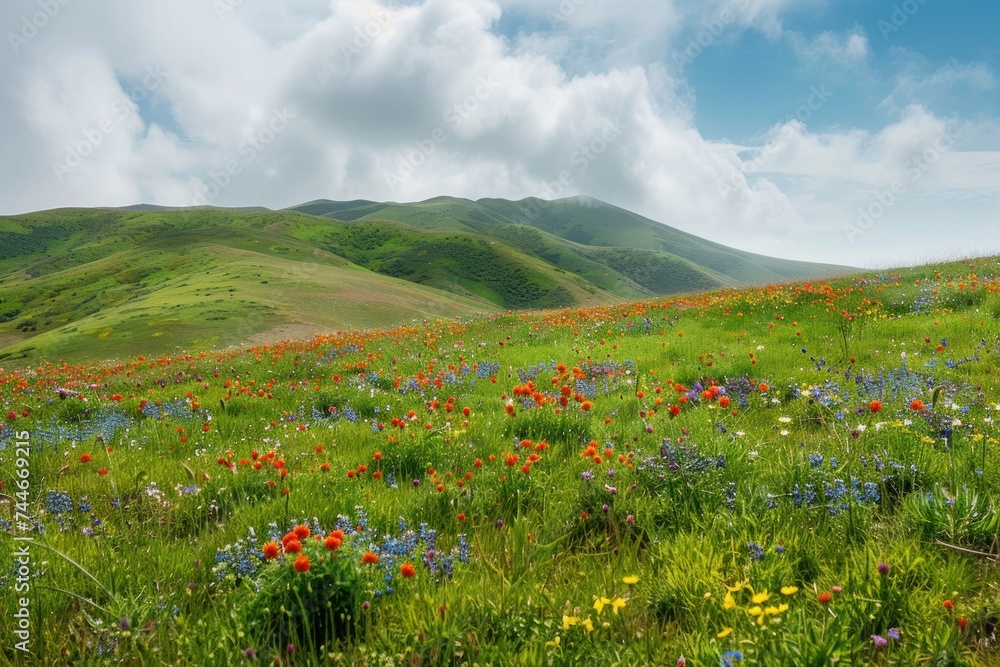 Rolling hills covered in wildflowers during spring, vibrant colors, nature landscape photography