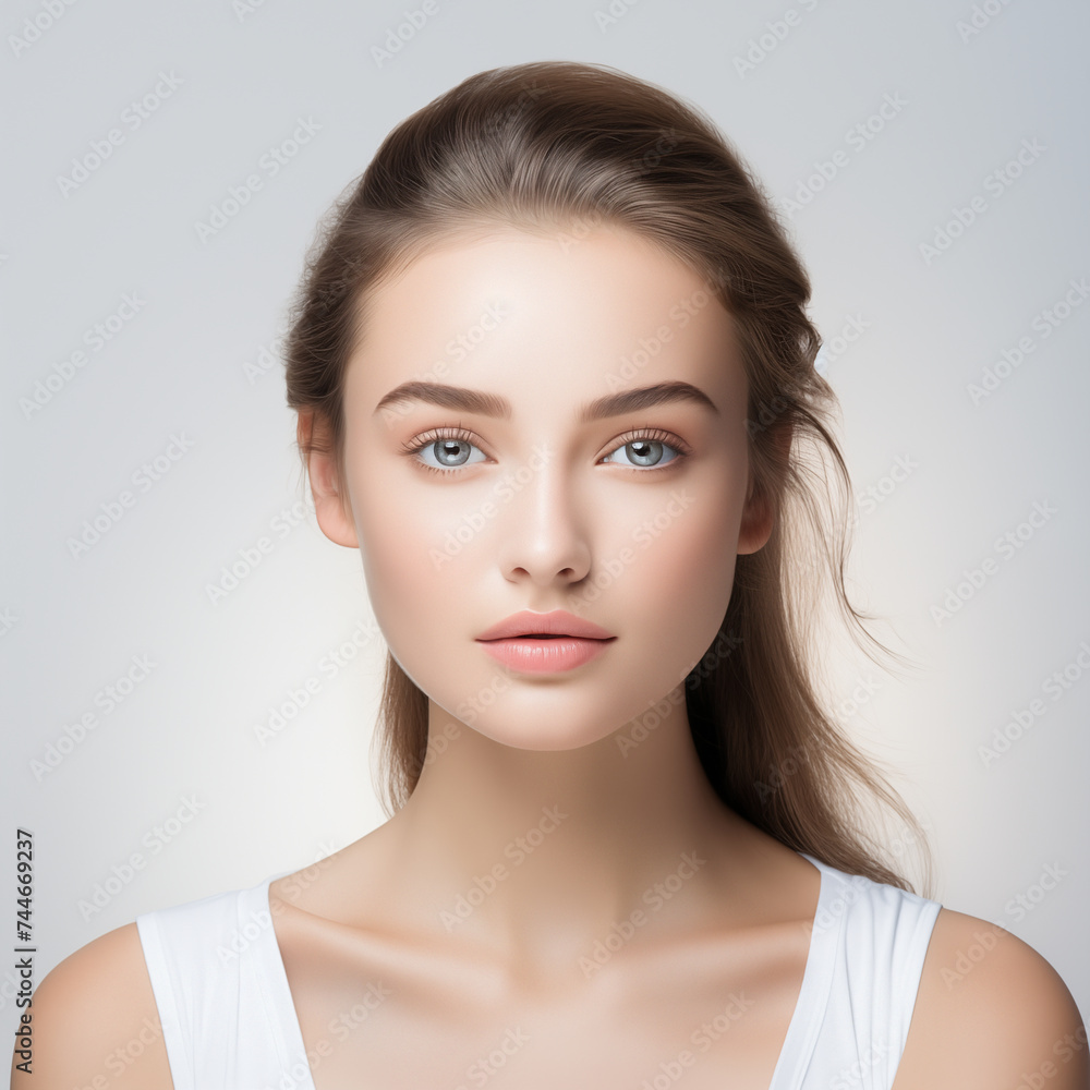 Obraz premium Beauty portrait of a beautiful young woman closeup. Skin care, cosmetics, beauty concept.