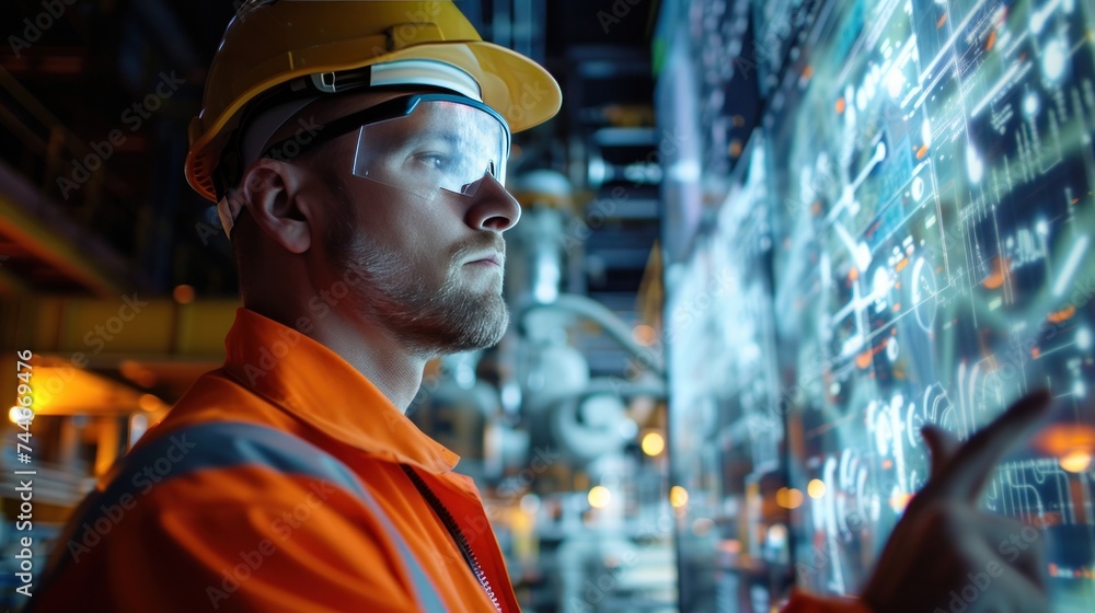 Double exposure of an engineer and an EV car factory, showcasing the manufacturing process Double exposure of an engineer and an EV car factory, showcasing the manufacturing process