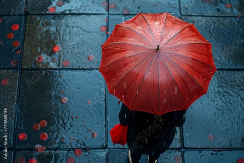 A vibrant red umbrella provides shelter from the pouring rain on a busy street, serving as both a practical accessory and a stylish statement photo