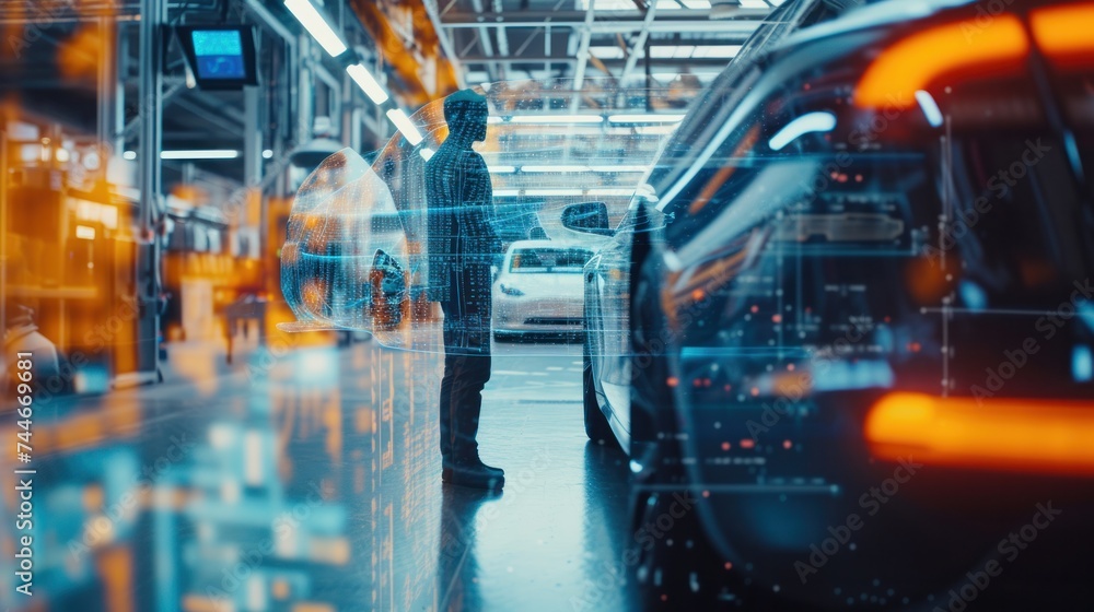 Double exposure of an engineer and an EV car factory, showcasing the manufacturing process